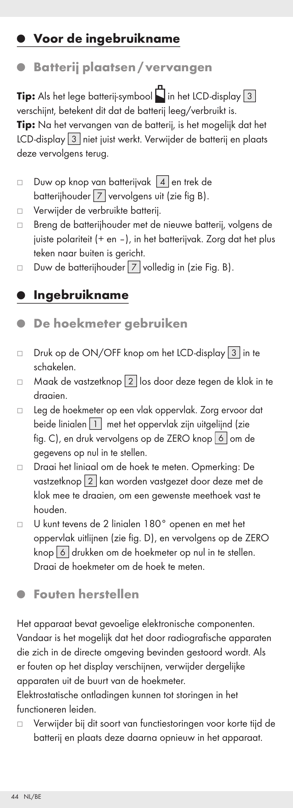 Voor de ingebruikname, Batterij plaatsen / vervangen, Ingebruikname | De hoekmeter gebruiken, Fouten herstellen | Powerfix Z32118 User Manual | Page 45 / 54