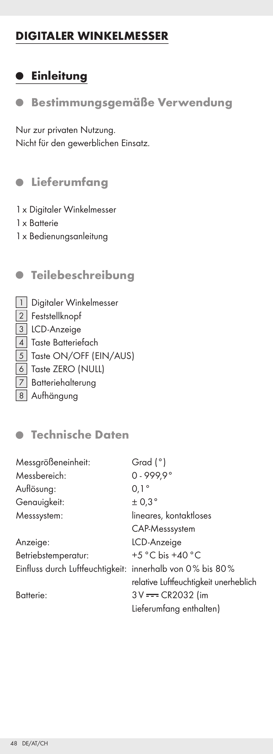 Digitaler winkelmesser, Einleitung, Bestimmungsgemäße verwendung | Lieferumfang, Teilebeschreibung, Technische daten | Powerfix Z32118 User Manual | Page 49 / 54