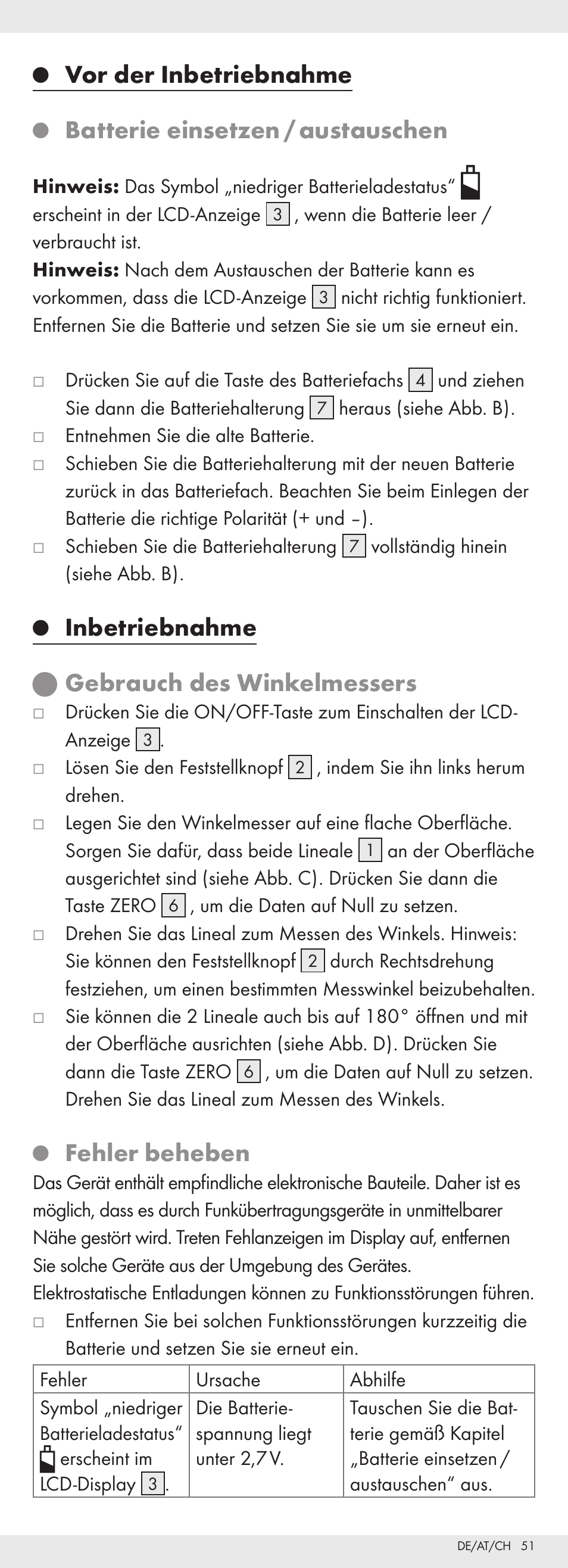 Vor der inbetriebnahme, Batterie einsetzen / austauschen, Inbetriebnahme q gebrauch des winkelmessers | Fehler beheben | Powerfix Z32118 User Manual | Page 52 / 54