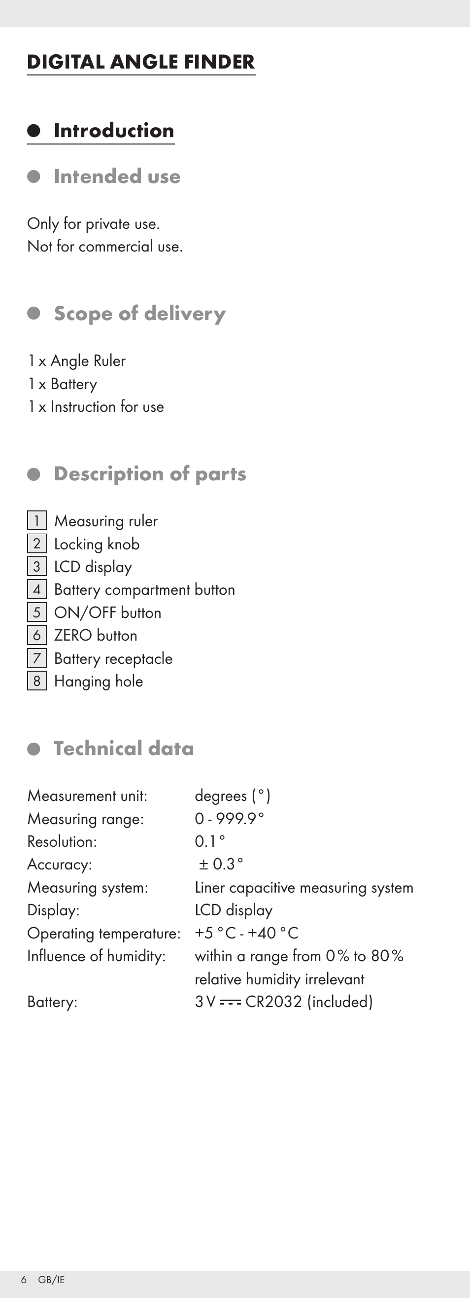 Digital angle finder, Introduction, Intended use | Scope of delivery, Description of parts, Technical data | Powerfix Z32118 User Manual | Page 7 / 54