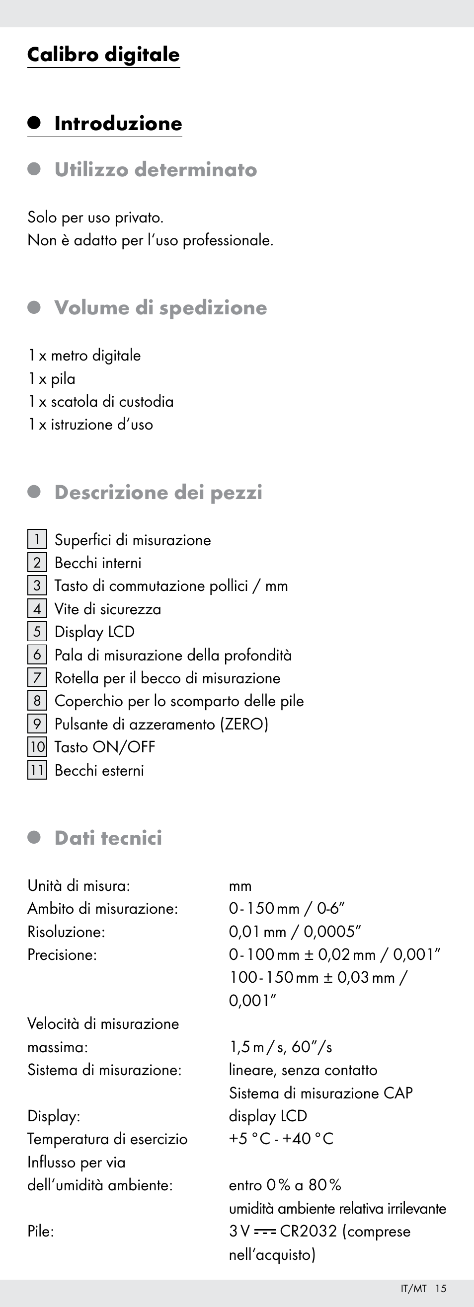 Calibro digitale, Introduzione, Utilizzo determinato | Volume di spedizione, Descrizione dei pezzi, Dati tecnici | Powerfix Z22855 User Manual | Page 15 / 50