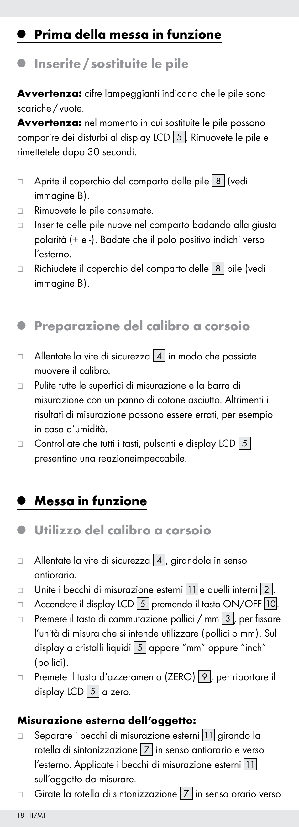 Prima della messa in funzione, Inserite / sostituite le pile, Preparazione del calibro a corsoio | Messa in funzione, Utilizzo del calibro a corsoio | Powerfix Z22855 User Manual | Page 18 / 50