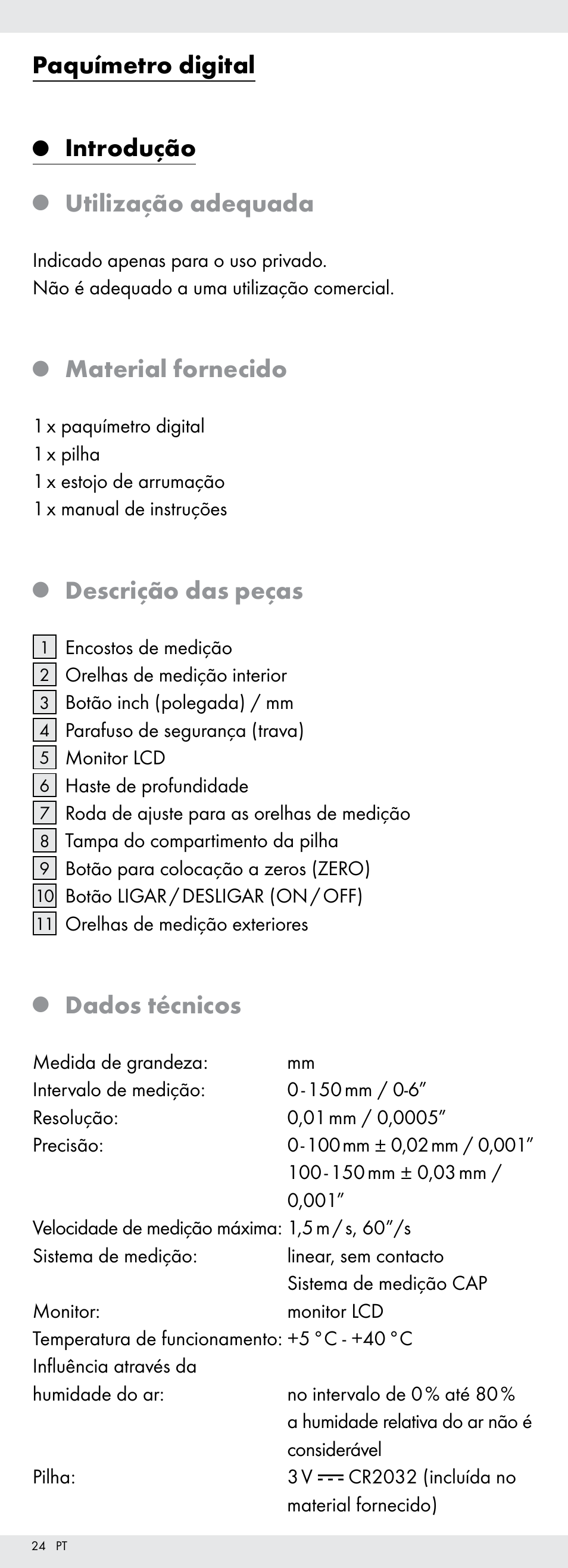 Paquímetro digital, Introdução, Utilização adequada | Material fornecido, Descrição das peças, Dados técnicos | Powerfix Z22855 User Manual | Page 24 / 50