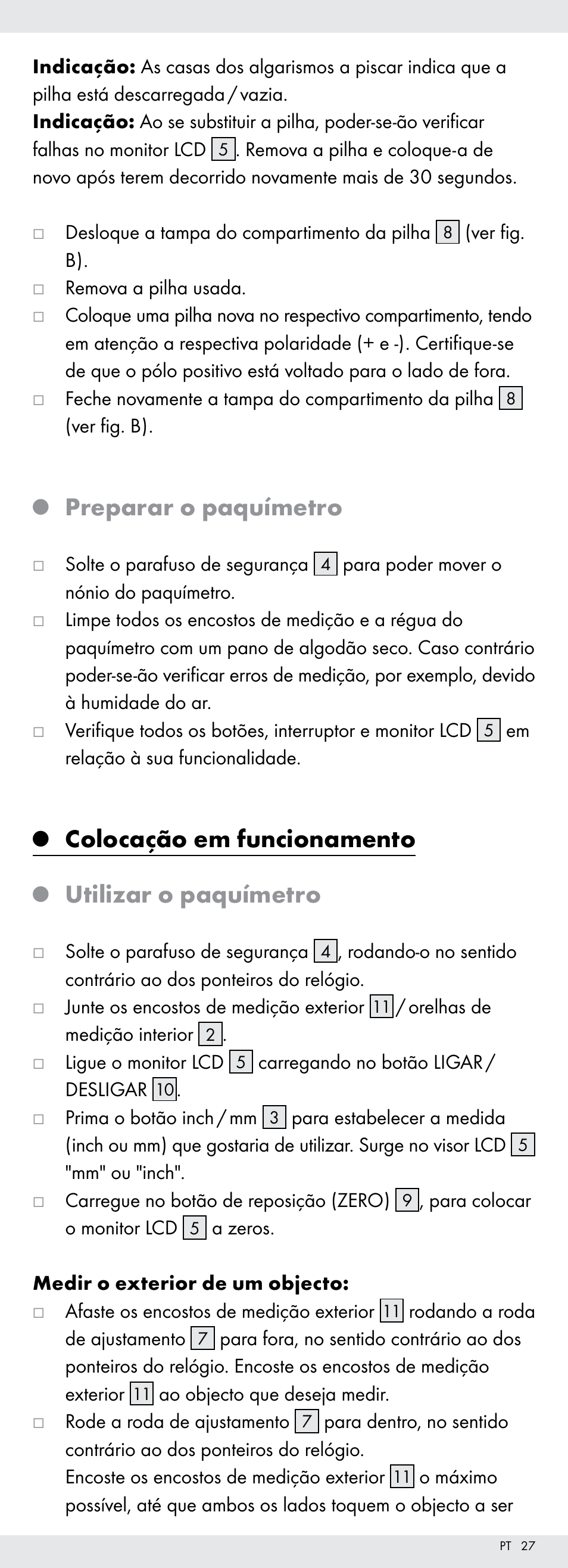 Preparar o paquímetro, Colocação em funcionamento, Utilizar o paquímetro | Powerfix Z22855 User Manual | Page 27 / 50