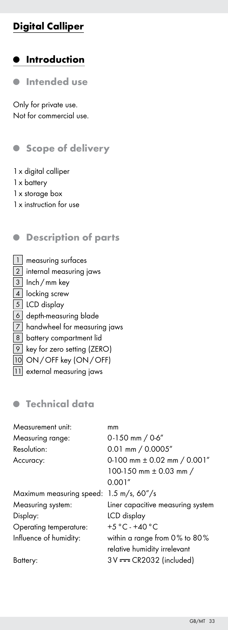 Digital calliper, Introduction, Intended use | Scope of delivery, Description of parts, Technical data | Powerfix Z22855 User Manual | Page 33 / 50