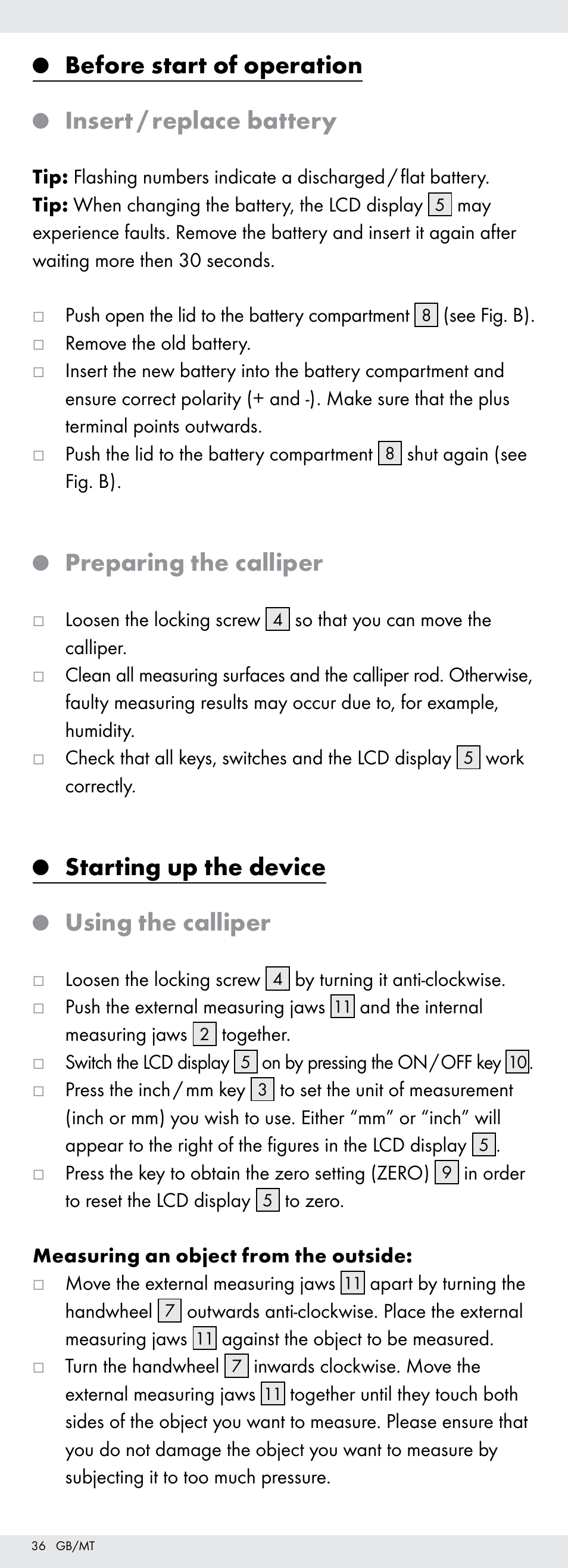 Before start of operation, Insert / replace battery, Preparing the calliper | Starting up the device, Using the calliper | Powerfix Z22855 User Manual | Page 36 / 50