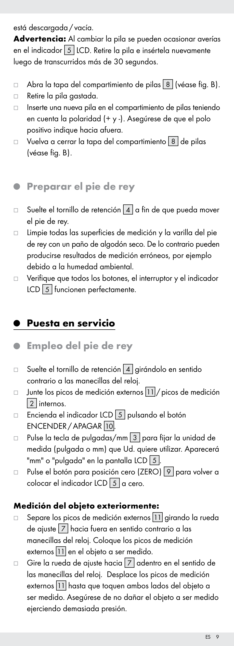 Preparar el pie de rey, Puesta en servicio, Empleo del pie de rey | Powerfix Z22855 User Manual | Page 9 / 50