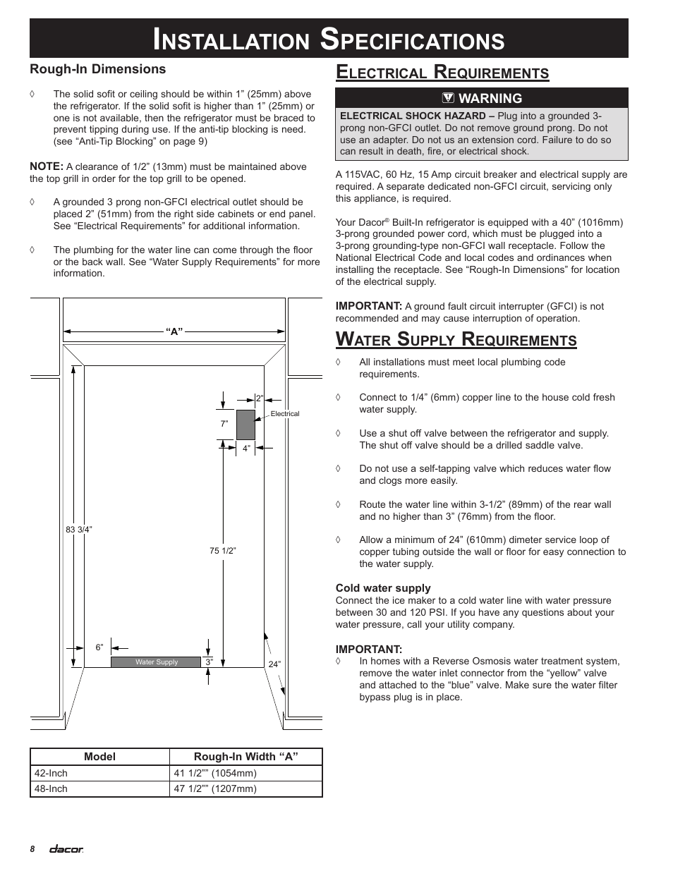 Nstallation, Pecifications | Dacor 100500 User Manual | Page 10 / 20