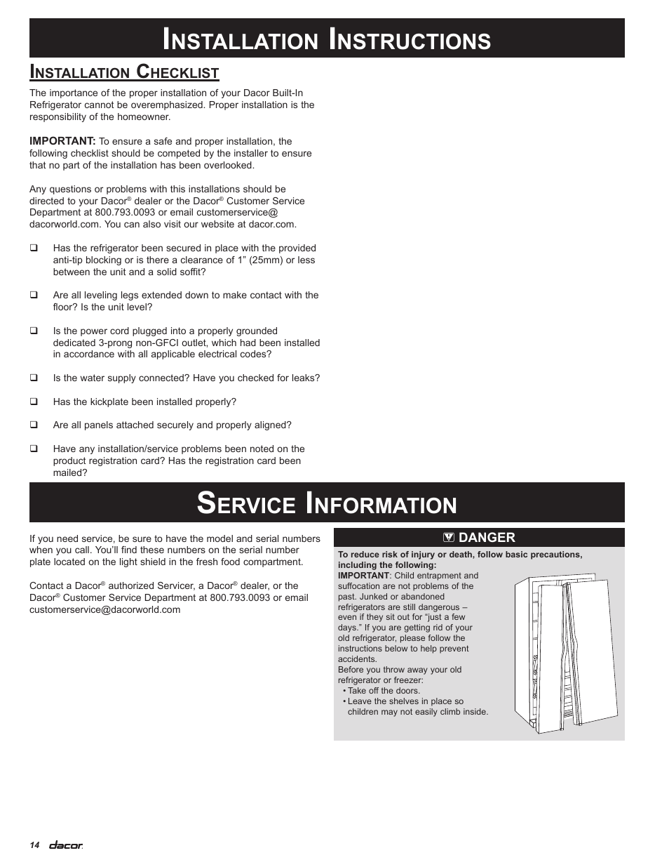 Nstallation, Nstructions, Ervice | Nformation | Dacor 100500 User Manual | Page 16 / 20