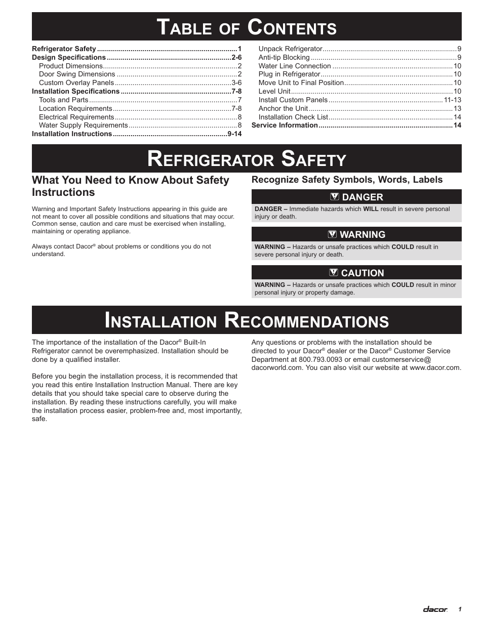 Able, Ontents, Efrigerator | Afety, Nstallation, Ecommendations | Dacor 100500 User Manual | Page 3 / 20