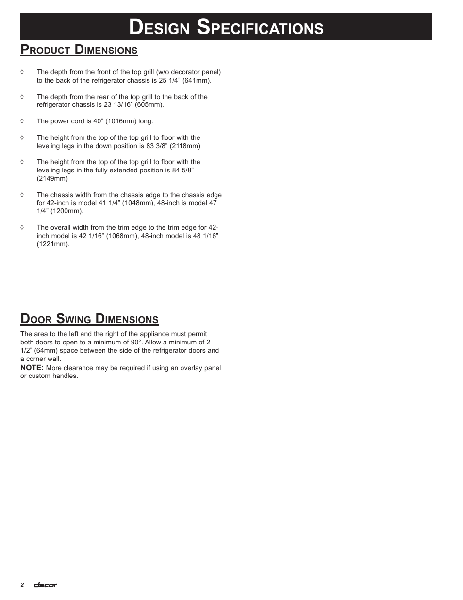 Esign, Pecifications | Dacor 100500 User Manual | Page 4 / 20