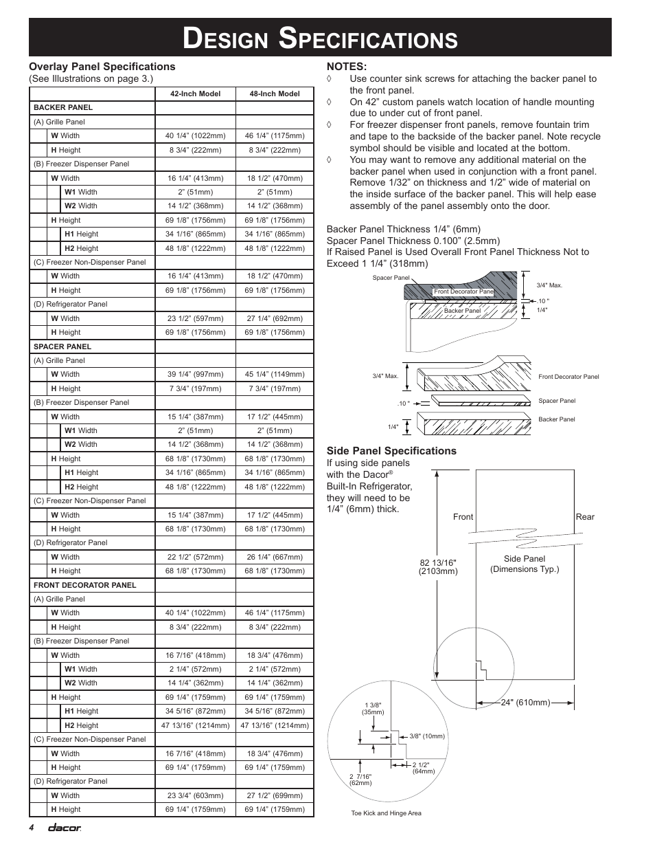 Esign, Pecifications, Overlay panel specifications | Side panel specifications | Dacor 100500 User Manual | Page 6 / 20