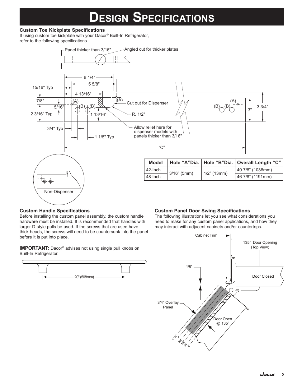 Esign, Pecifications | Dacor 100500 User Manual | Page 7 / 20