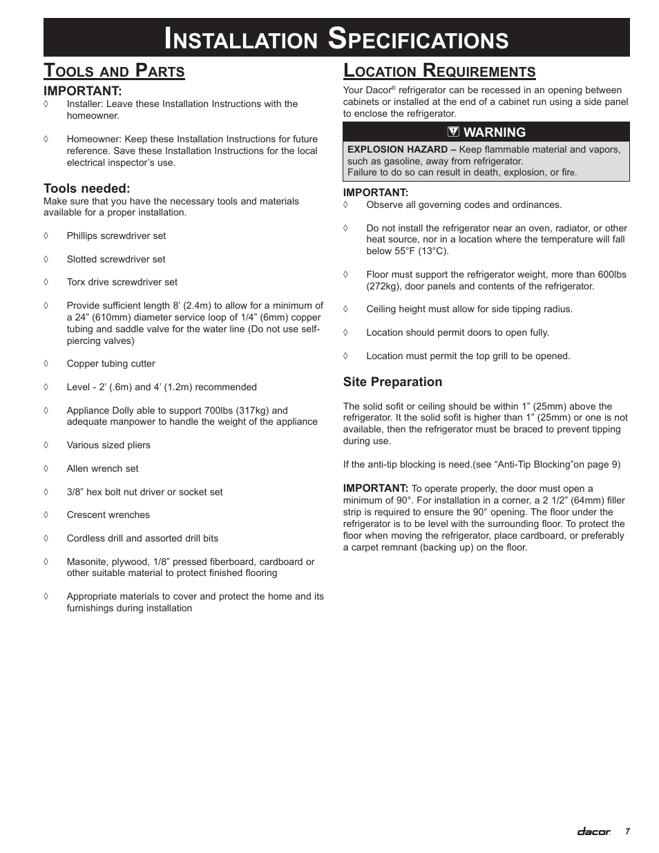 Nstallation, Pecifications | Dacor 100500 User Manual | Page 9 / 20