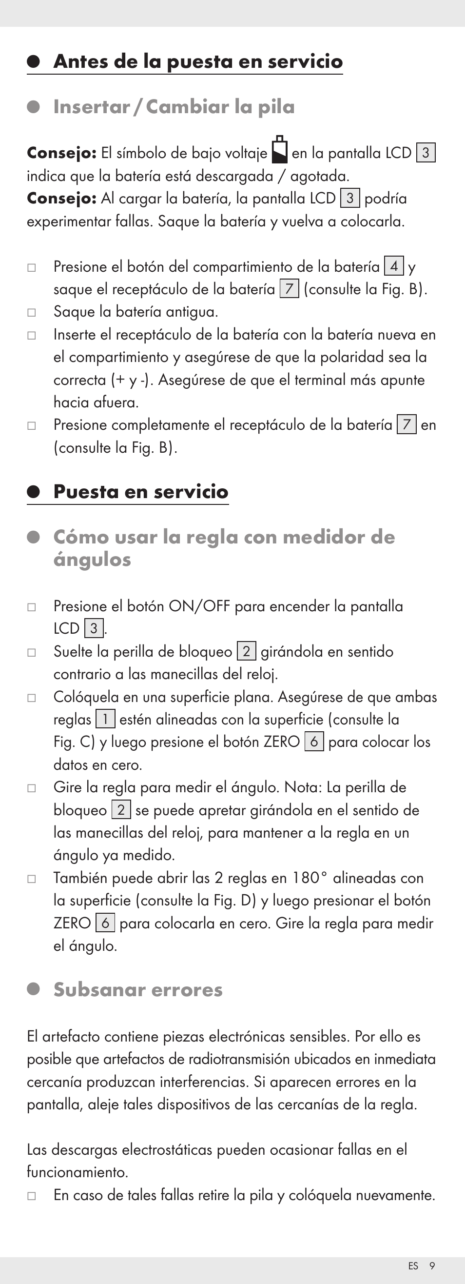 Antes de la puesta en servicio, Insertar / cambiar la pila, Puesta en servicio | Cómo usar la regla con medidor de ángulos, Subsanar errores | Powerfix Z32118 User Manual | Page 10 / 40