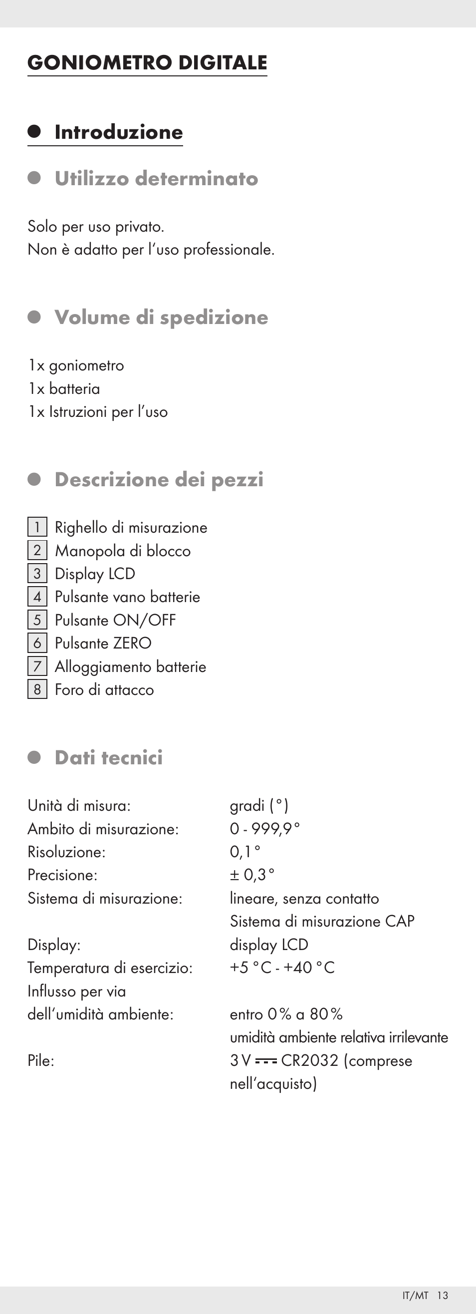 Goniometro digitale, Introduzione, Utilizzo determinato | Volume di spedizione, Descrizione dei pezzi, Dati tecnici | Powerfix Z32118 User Manual | Page 14 / 40