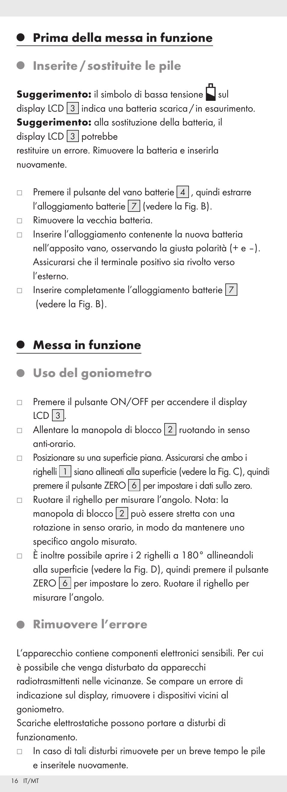 Prima della messa in funzione, Inserite / sostituite le pile, Messa in funzione | Uso del goniometro, Rimuovere l’errore | Powerfix Z32118 User Manual | Page 17 / 40