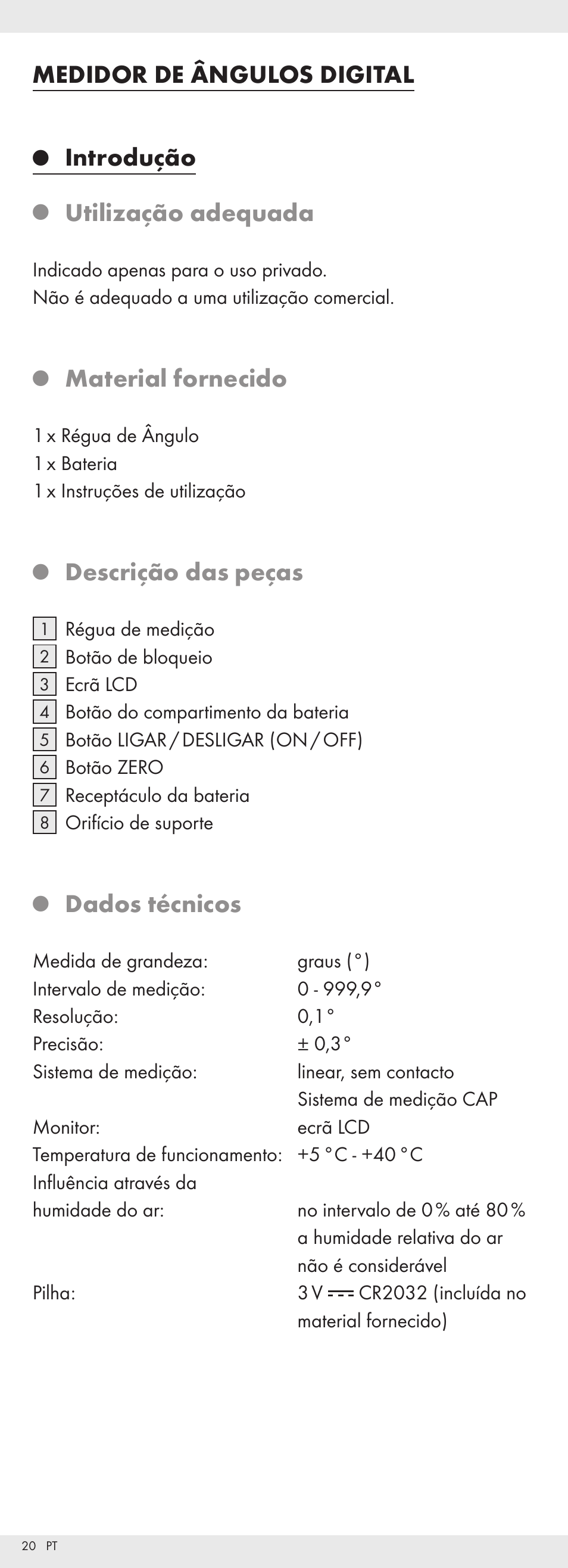 Medidor de ângulos digital, Introdução, Utilização adequada | Material fornecido, Descrição das peças, Dados técnicos | Powerfix Z32118 User Manual | Page 21 / 40