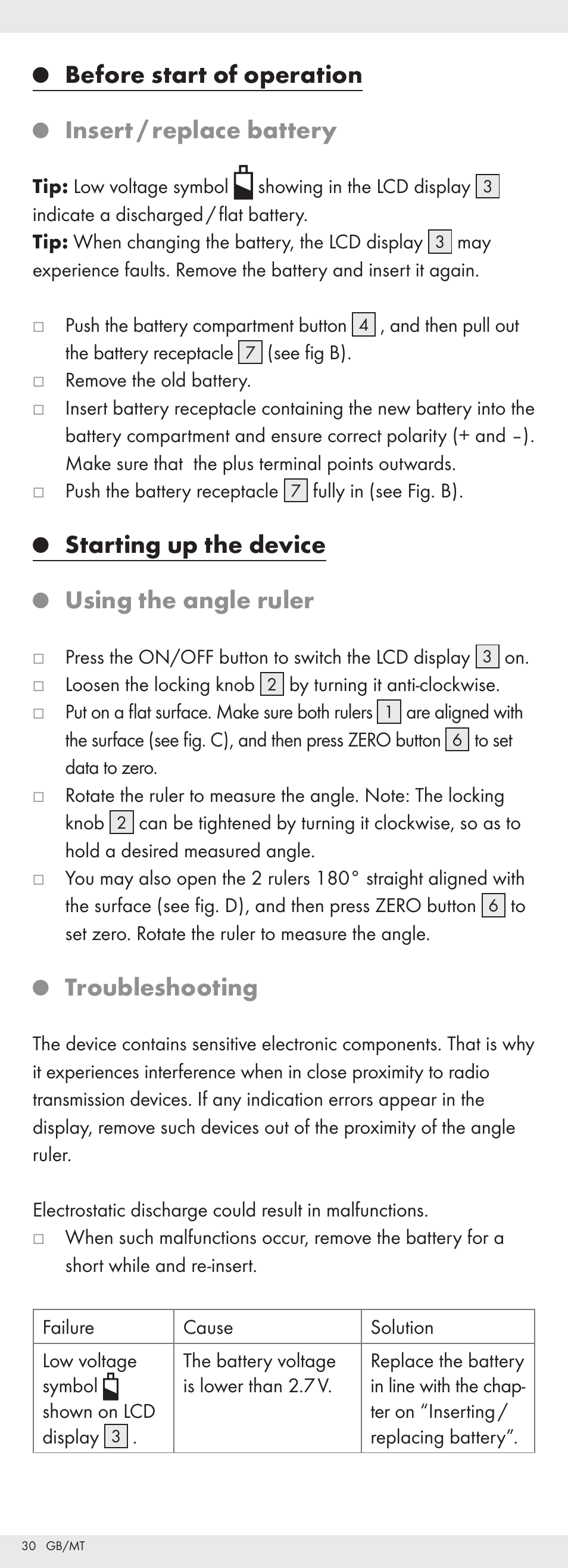 Before start of operation, Insert / replace battery, Starting up the device | Using the angle ruler, Troubleshooting | Powerfix Z32118 User Manual | Page 31 / 40