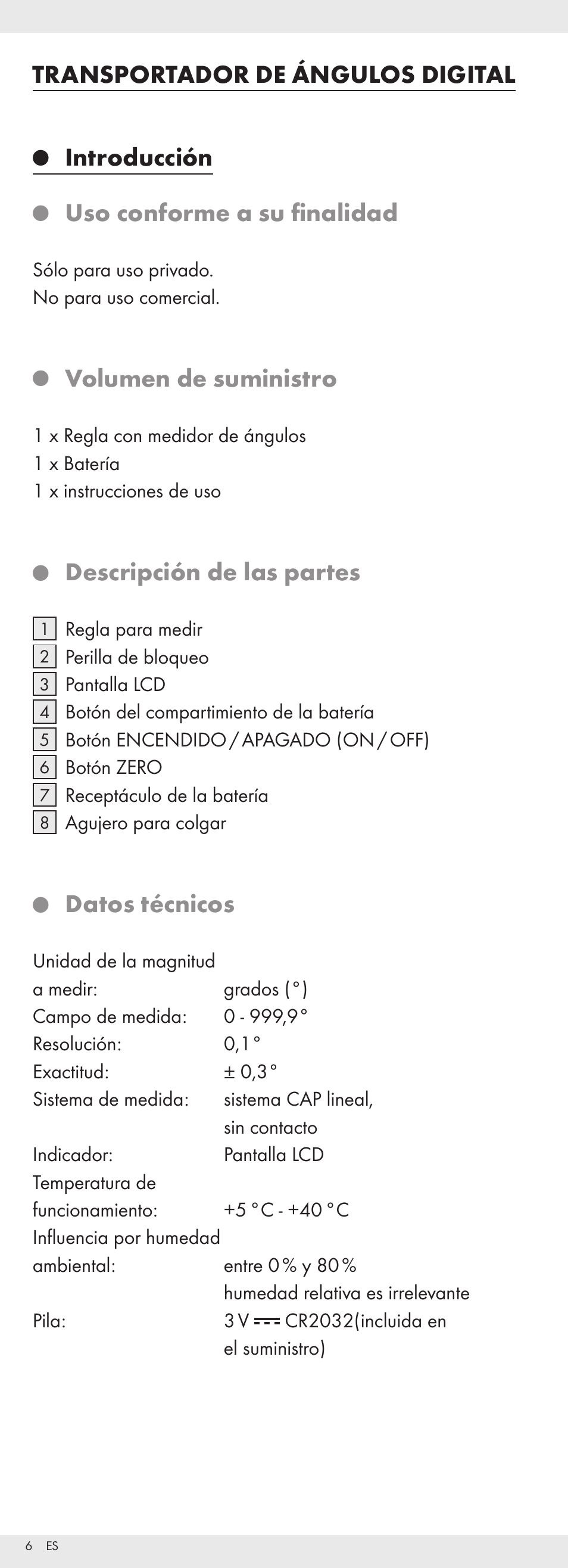 Transportador de ángulos digital, Introducción, Uso conforme a su finalidad | Volumen de suministro, Descripción de las partes, Datos técnicos | Powerfix Z32118 User Manual | Page 7 / 40