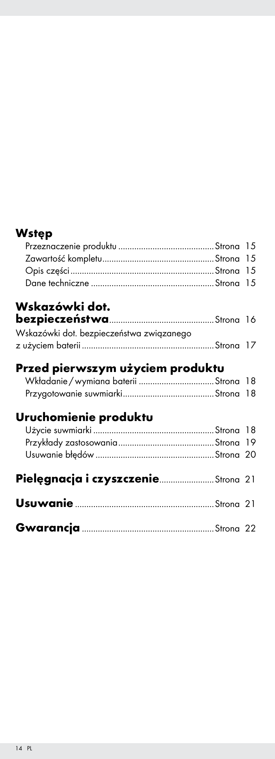 Wstęp, Wskazówki dot. bezpieczeństwa, Przed pierwszym użyciem produktu | Uruchomienie produktu, Pielęgnacja i czyszczenie, Usuwanie, Gwarancja | Powerfix Z22855 User Manual | Page 14 / 68