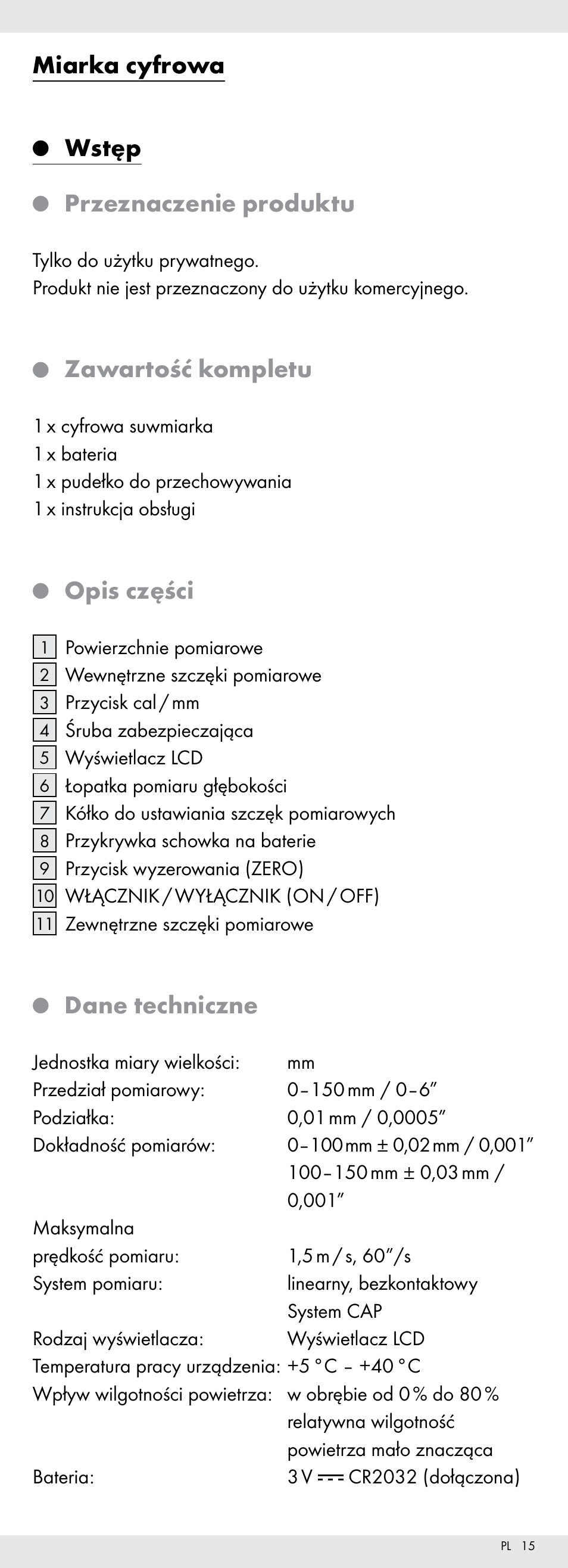 Miarka cyfrowa, Wstęp, Przeznaczenie produktu | Zawartość kompletu, Opis części, Dane techniczne | Powerfix Z22855 User Manual | Page 15 / 68