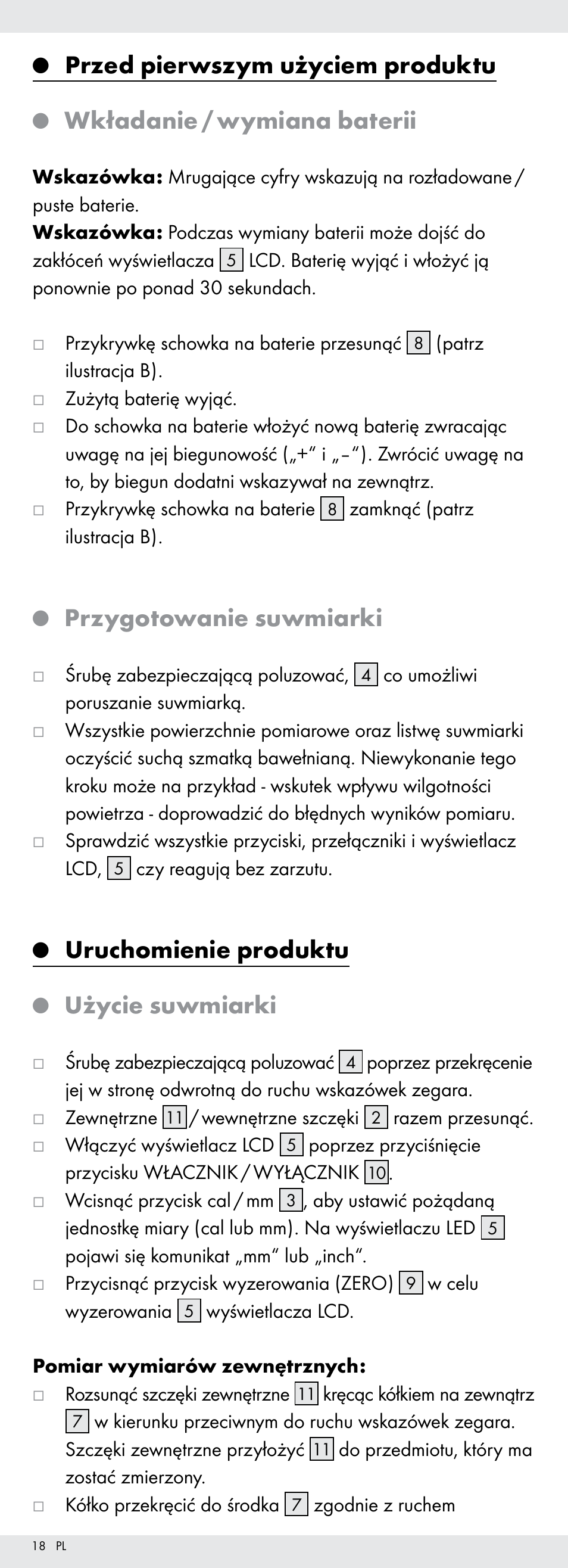 Przed pierwszym użyciem produktu, Wkładanie / wymiana baterii, Przygotowanie suwmiarki | Uruchomienie produktu, Użycie suwmiarki | Powerfix Z22855 User Manual | Page 18 / 68