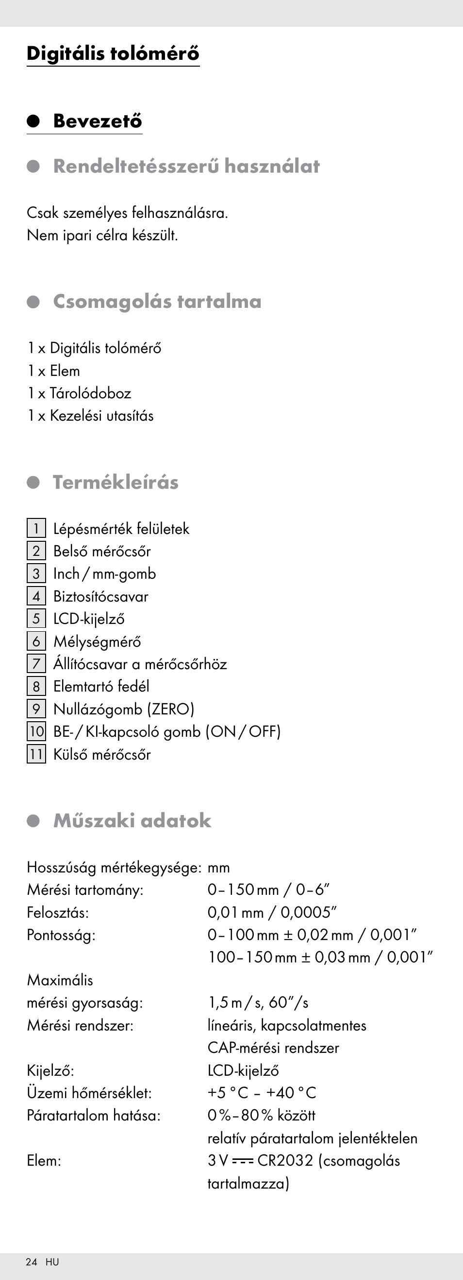 Digitális tolómérő, Bevezető, Rendeltetésszerű használat | Csomagolás tartalma, Termékleírás, Műszaki adatok | Powerfix Z22855 User Manual | Page 24 / 68