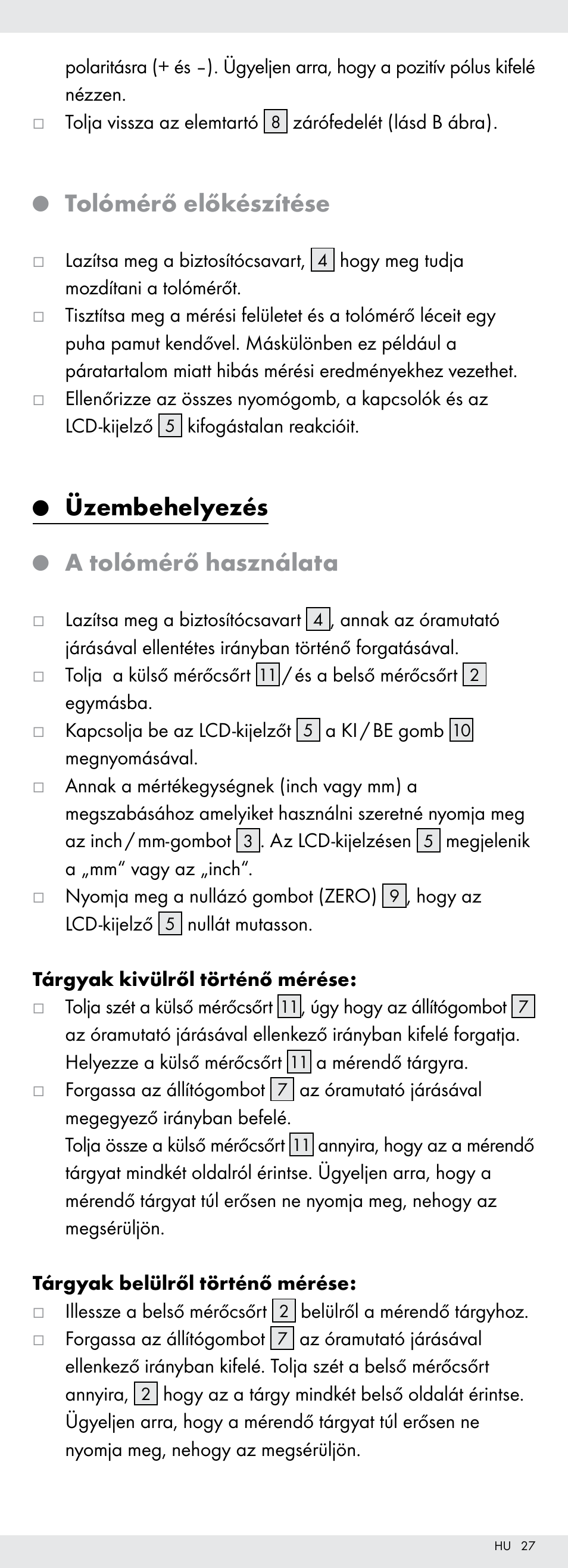 Tolómérő előkészítése, Üzembehelyezés, A tolómérő használata | Powerfix Z22855 User Manual | Page 27 / 68