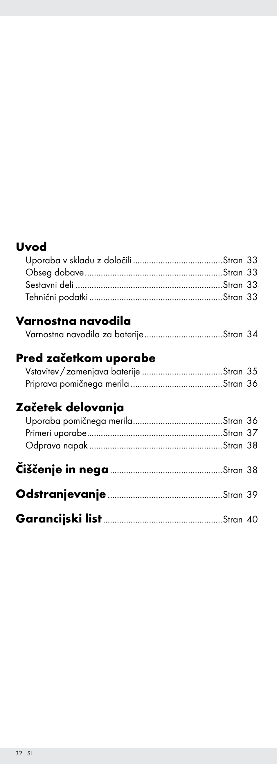 Uvod, Varnostna navodila, Pred začetkom uporabe | Začetek delovanja, Čiščenje in nega, Odstranjevanje, Garancijski list | Powerfix Z22855 User Manual | Page 32 / 68