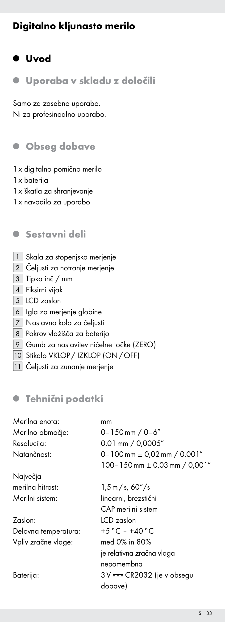 Digitalno kljunasto merilo, Uvod, Uporaba v skladu z določili | Obseg dobave, Sestavni deli, Tehnični podatki | Powerfix Z22855 User Manual | Page 33 / 68