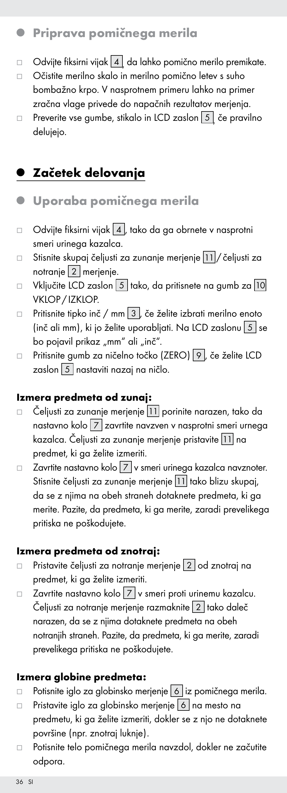 Priprava pomičnega merila, Začetek delovanja, Uporaba pomičnega merila | Powerfix Z22855 User Manual | Page 36 / 68