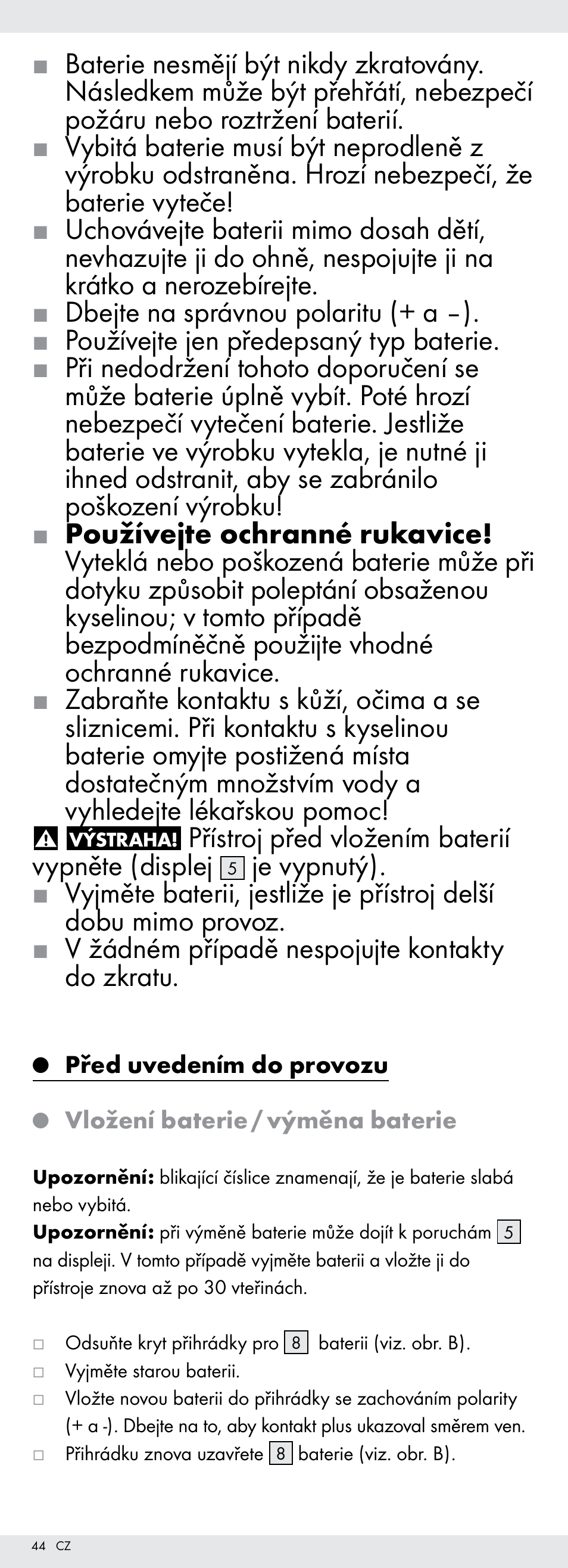 Přístroj před vložením baterií vypněte (displej | Powerfix Z22855 User Manual | Page 44 / 68