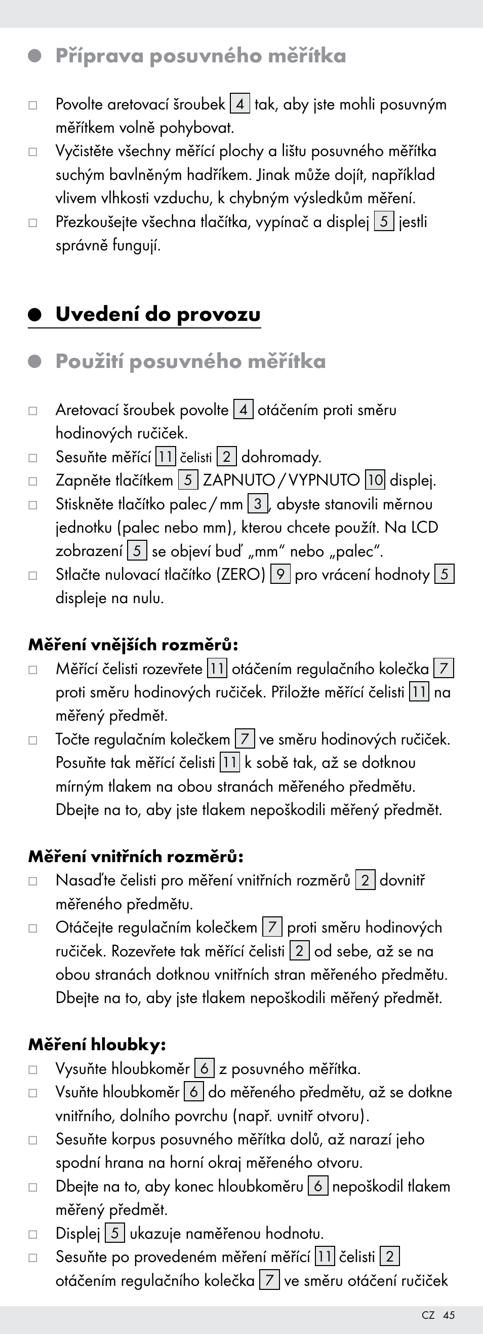 Příprava posuvného měřítka, Uvedení do provozu, Použití posuvného měřítka | Powerfix Z22855 User Manual | Page 45 / 68