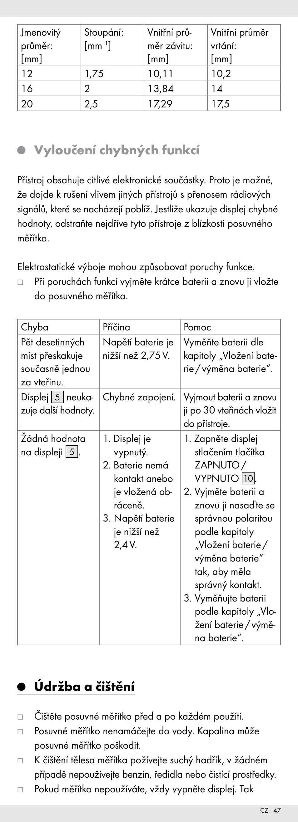 Vyloučení chybných funkcí, Údržba a čištění | Powerfix Z22855 User Manual | Page 47 / 68
