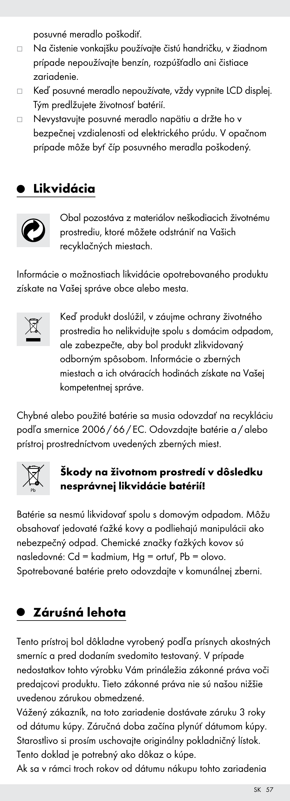 Likvidácia, Záruśná lehota | Powerfix Z22855 User Manual | Page 57 / 68