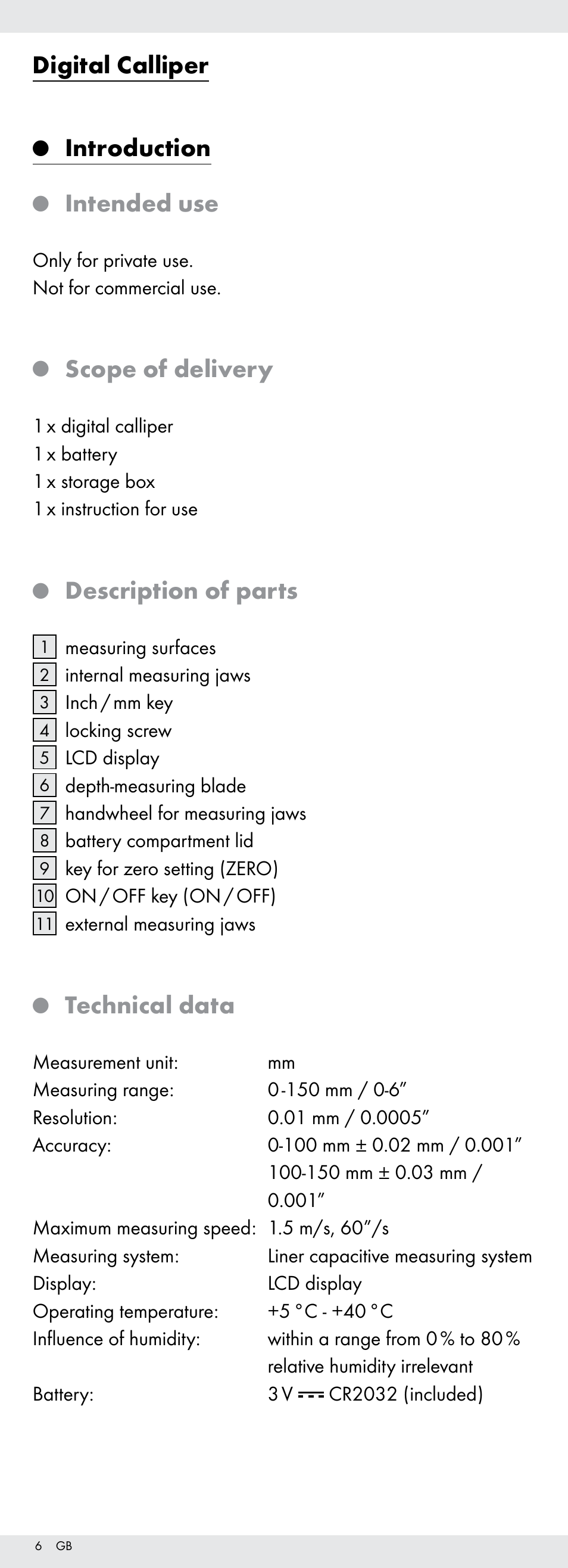 Digital calliper, Introduction, Intended use | Scope of delivery, Description of parts, Technical data | Powerfix Z22855 User Manual | Page 6 / 68