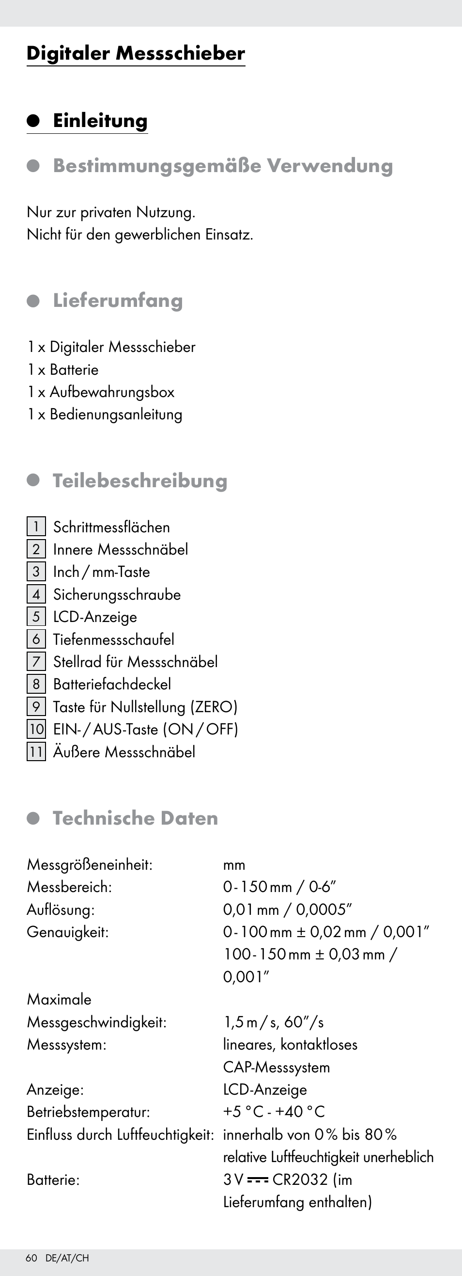 Digitaler messschieber, Einleitung, Bestimmungsgemäße verwendung | Lieferumfang, Teilebeschreibung, Technische daten | Powerfix Z22855 User Manual | Page 60 / 68