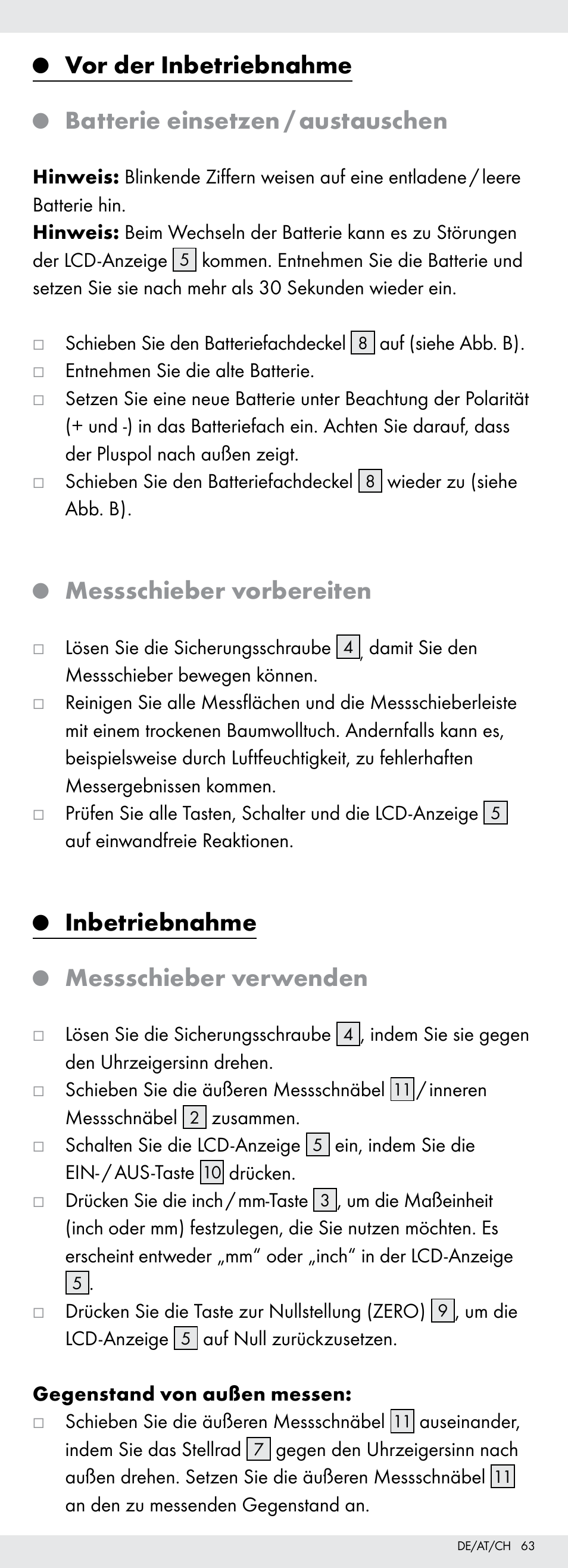 Vor der inbetriebnahme, Batterie einsetzen / austauschen, Messschieber vorbereiten | Inbetriebnahme, Messschieber verwenden | Powerfix Z22855 User Manual | Page 63 / 68