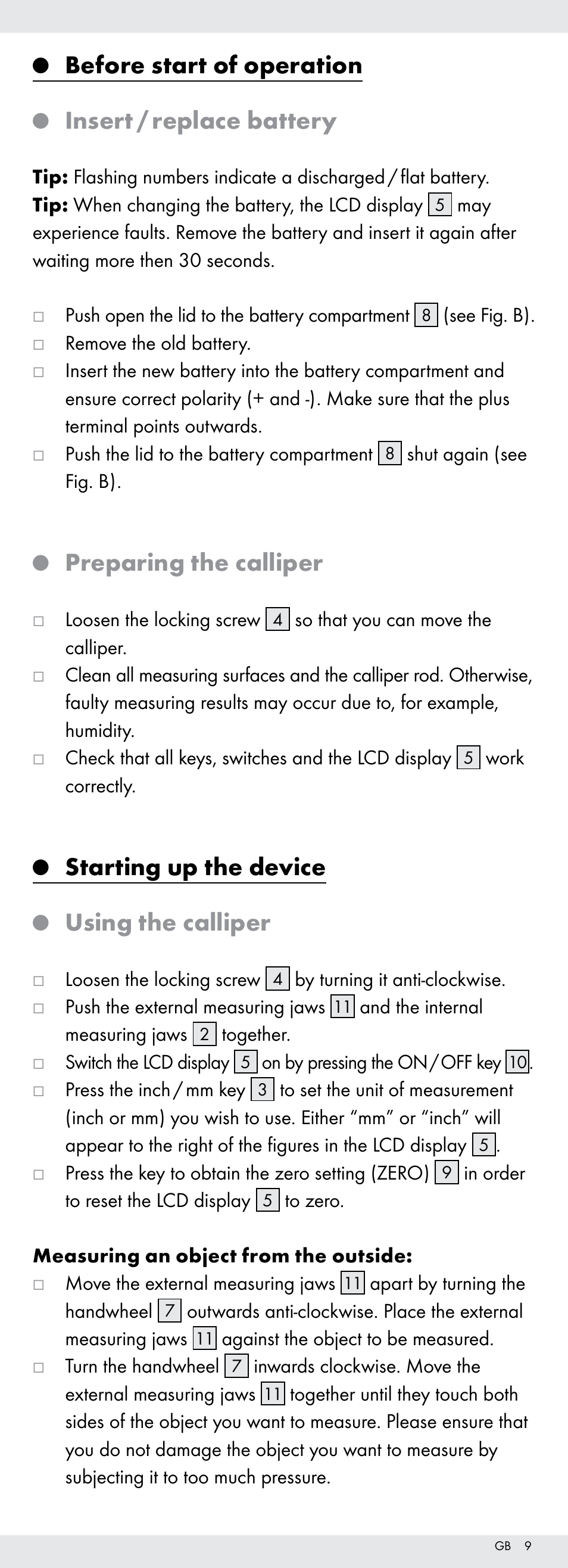 Before start of operation, Insert / replace battery, Preparing the calliper | Starting up the device, Using the calliper | Powerfix Z22855 User Manual | Page 9 / 68
