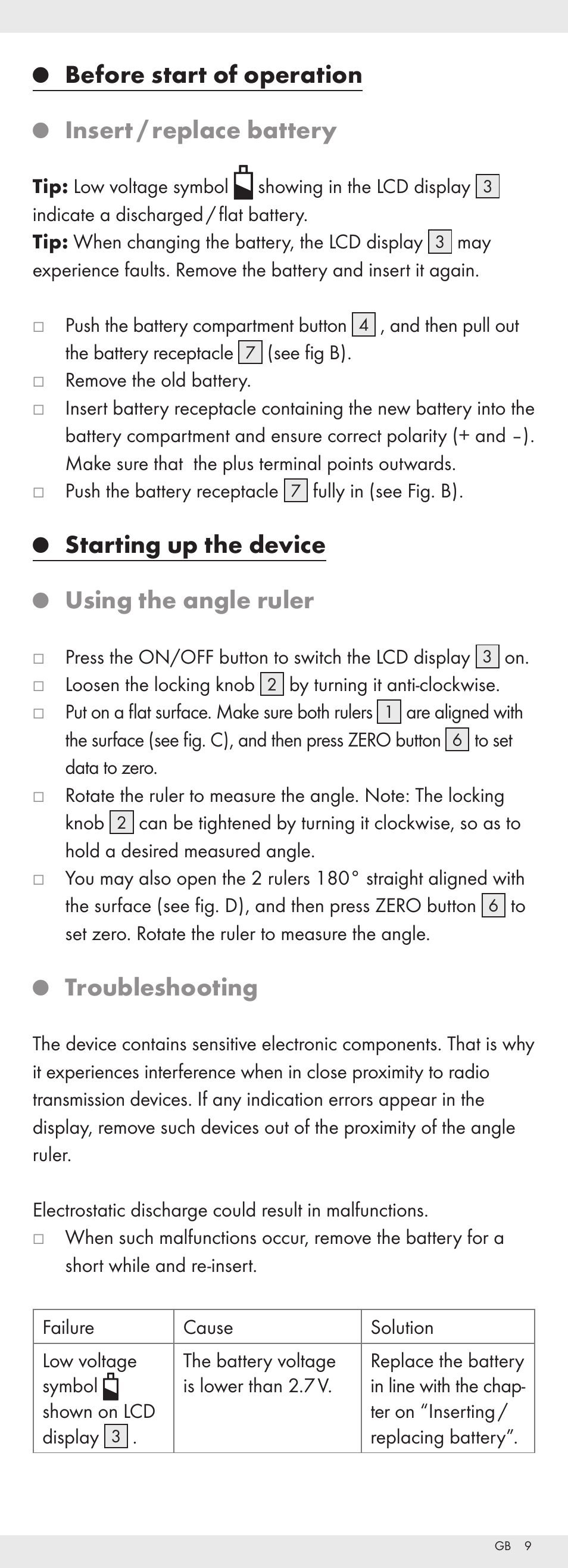 Before start of operation, Insert / replace battery, Starting up the device | Using the angle ruler, Troubleshooting | Powerfix Z32118 User Manual | Page 10 / 54