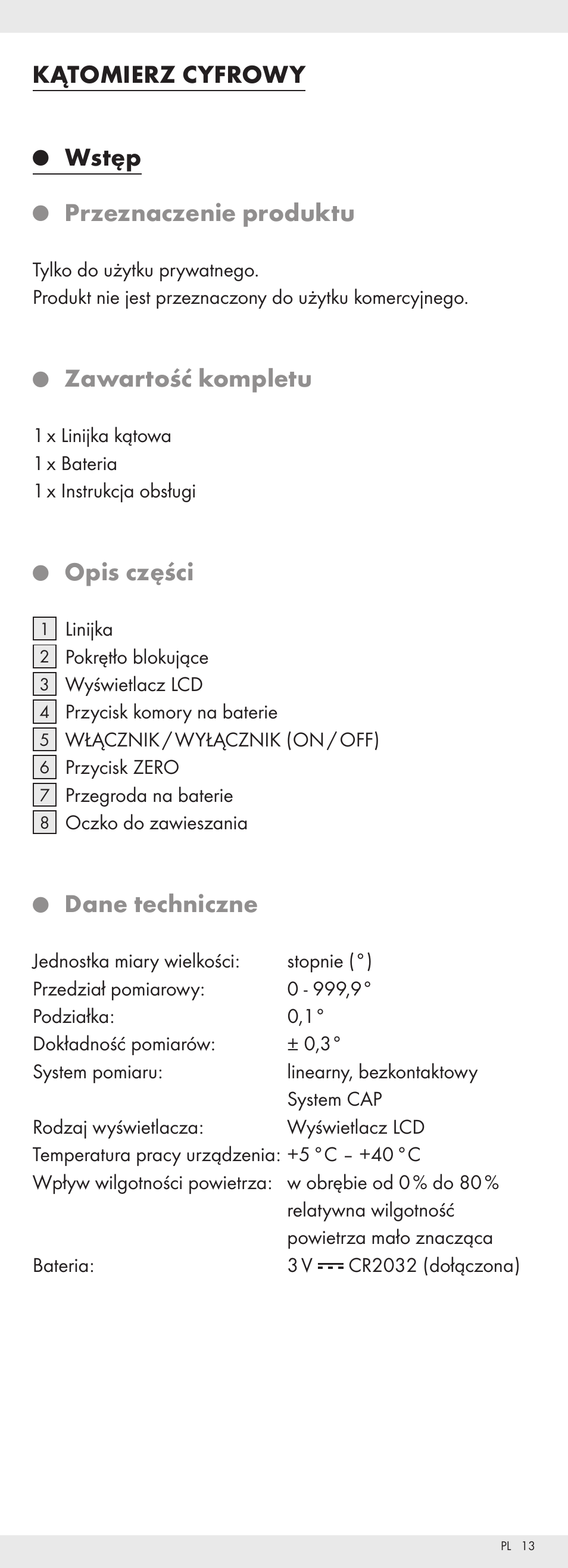 Kątomierz cyfrowy, Wstęp, Przeznaczenie produktu | Zawartość kompletu, Opis części, Dane techniczne | Powerfix Z32118 User Manual | Page 14 / 54