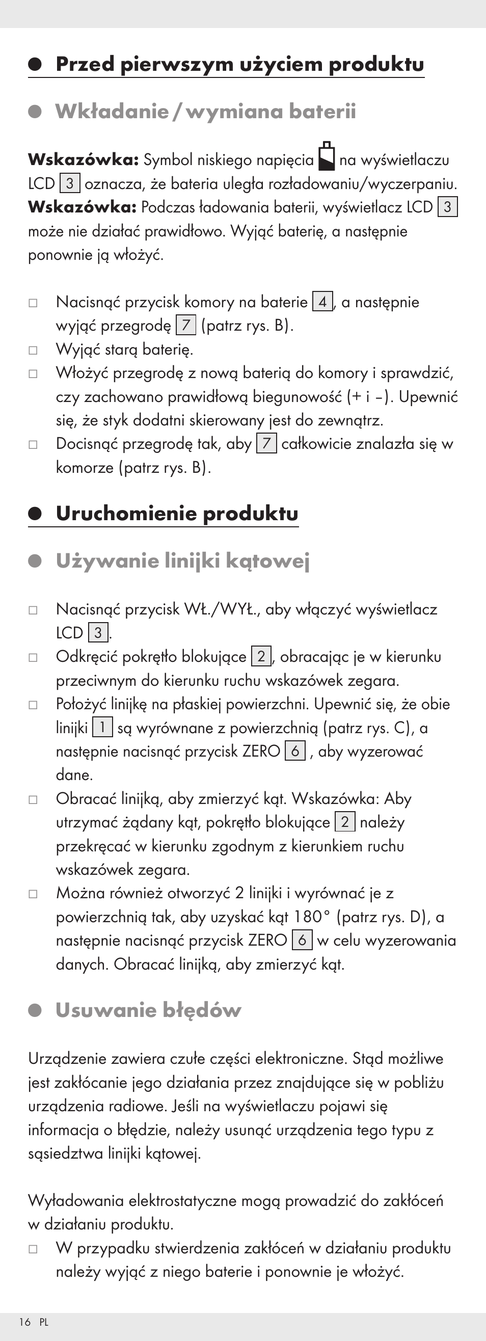 Przed pierwszym użyciem produktu, Wkładanie / wymiana baterii, Uruchomienie produktu | Używanie linijki kątowej, Usuwanie błędów | Powerfix Z32118 User Manual | Page 17 / 54