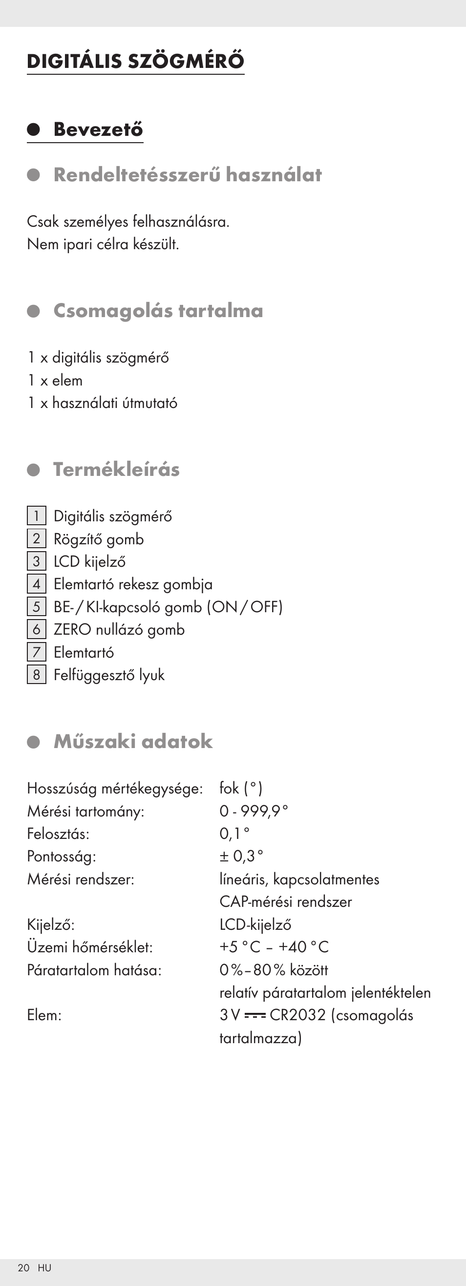 Digitális szögmérő, Bevezető, Rendeltetésszerű használat | Csomagolás tartalma, Termékleírás, Műszaki adatok | Powerfix Z32118 User Manual | Page 21 / 54