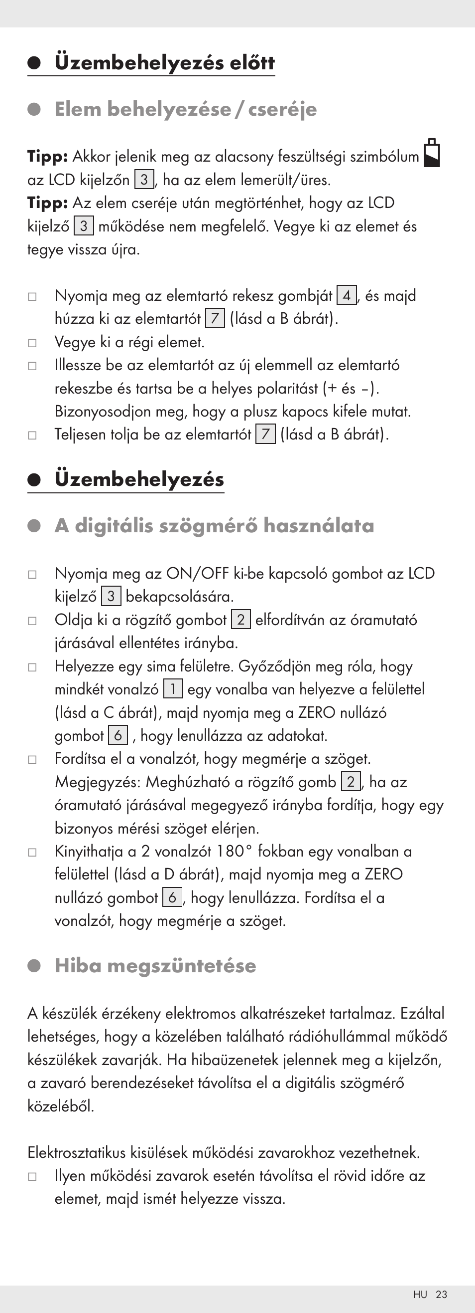 Üzembehelyezés előtt, Elem behelyezése / cseréje, Üzembehelyezés | A digitális szögmérő használata, Hiba megszüntetése | Powerfix Z32118 User Manual | Page 24 / 54