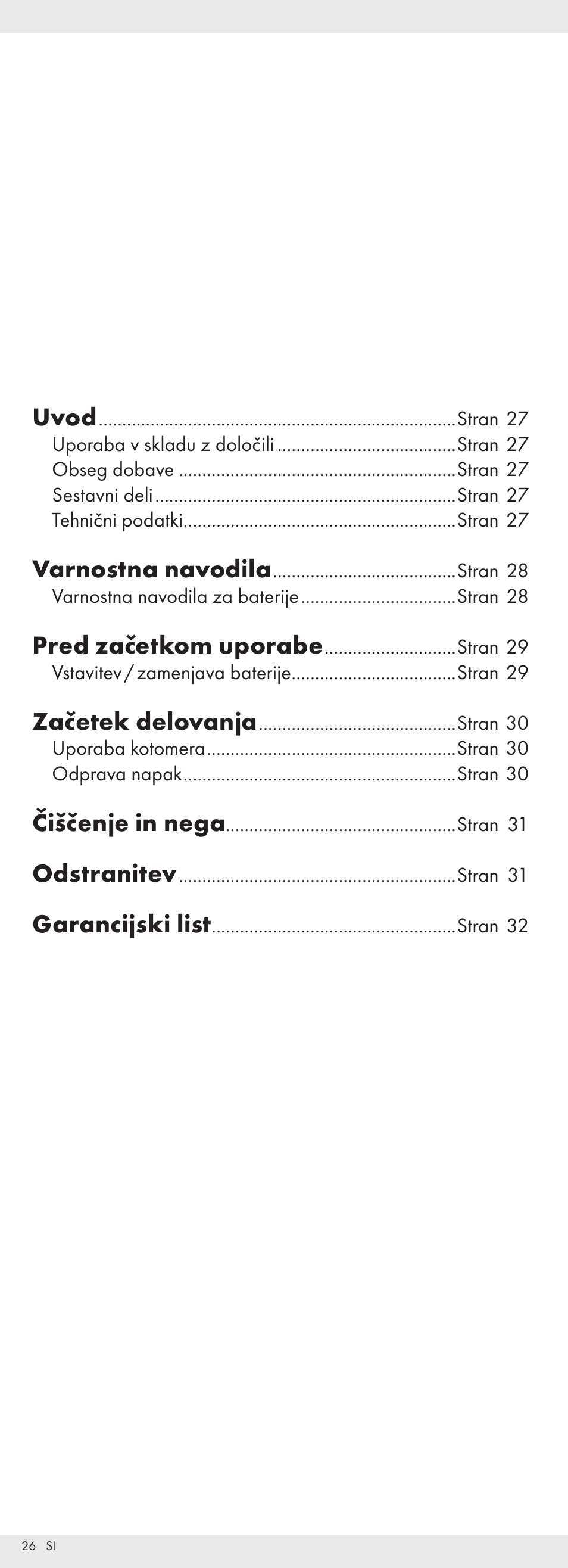 Uvod, Varnostna navodila, Pred začetkom uporabe | Začetek delovanja, Čiščenje in nega, Odstranitev, Garancijski list | Powerfix Z32118 User Manual | Page 27 / 54