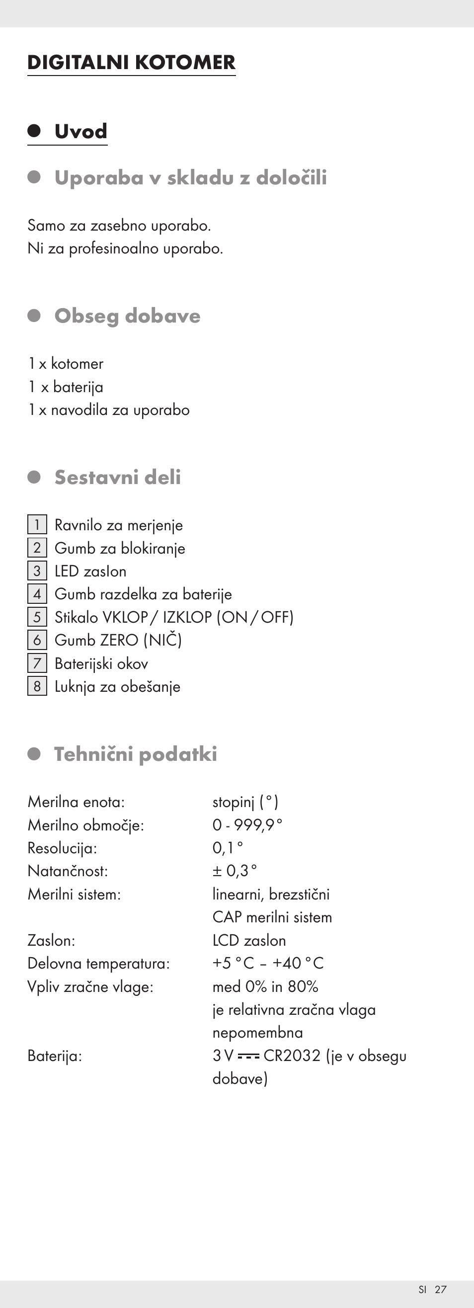 Digitalni kotomer, Uvod, Uporaba v skladu z določili | Obseg dobave, Sestavni deli, Tehnični podatki | Powerfix Z32118 User Manual | Page 28 / 54