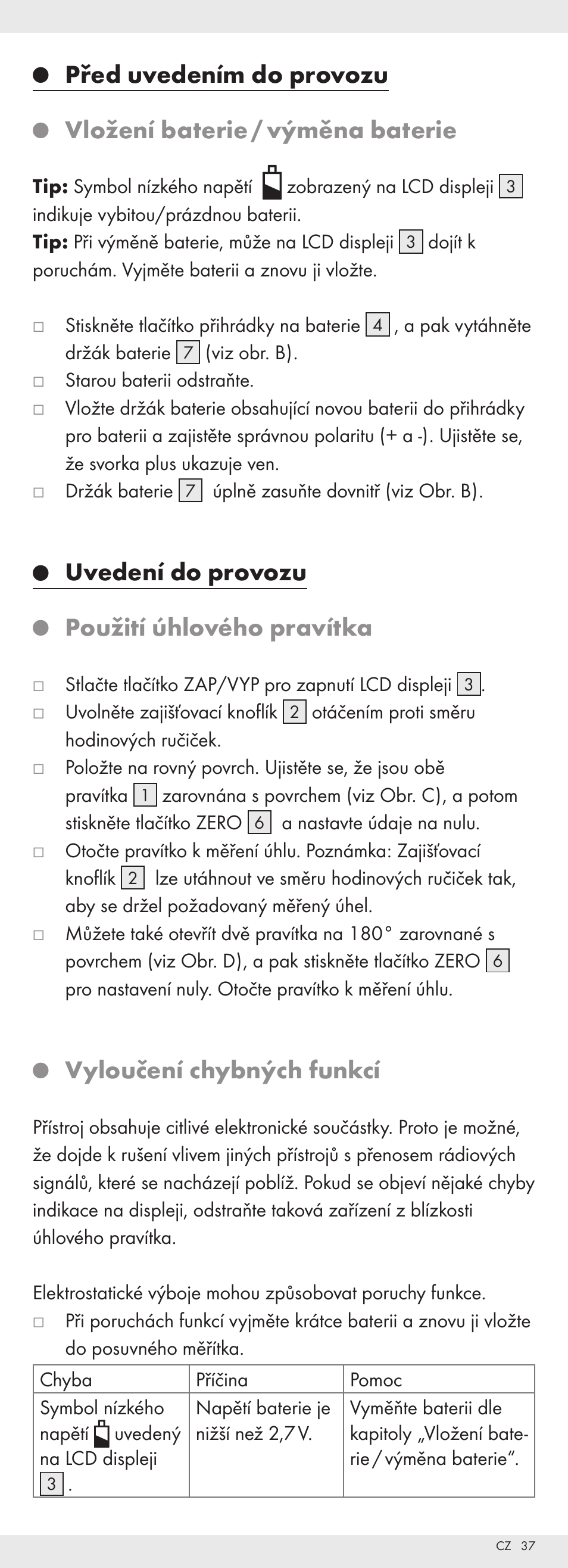 Před uvedením do provozu, Vložení baterie / výměna baterie, Uvedení do provozu | Použití úhlového pravítka, Vyloučení chybných funkcí | Powerfix Z32118 User Manual | Page 38 / 54