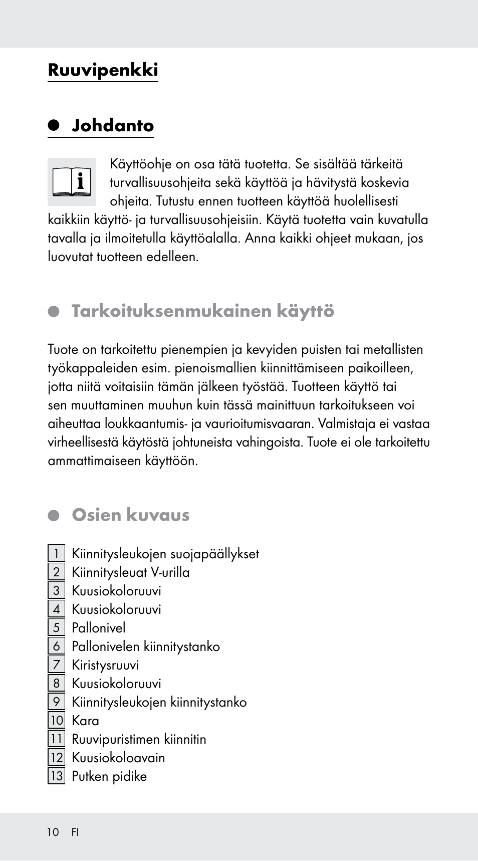 Ruuvipenkki, Johdanto, Tarkoituksenmukainen käyttö | Osien kuvaus | Powerfix Z29760A User Manual | Page 10 / 40