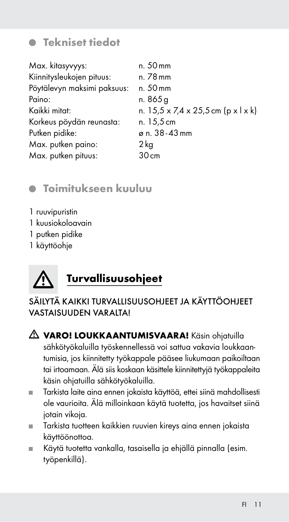 Tekniset tiedot, Toimitukseen kuuluu, Turvallisuusohjeet | Powerfix Z29760A User Manual | Page 11 / 40